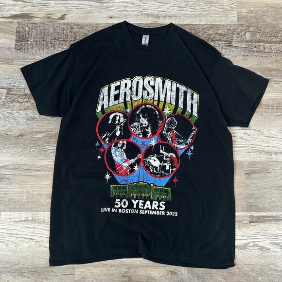 Aerosmith Tee Black Cotton 50 Years Boston Concert T-Shirt 2022 Rock Band - Picture 1 of 8